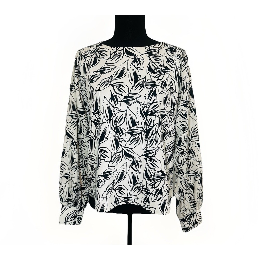 Melloday Ivory Black Long Sleeve Career Blouse Leaves Modest Women's MED
